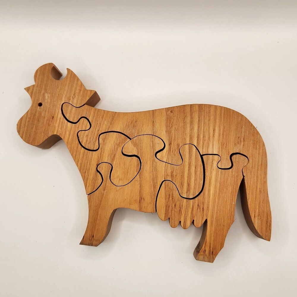 Vintage Wooden 3D Handcrafted Cow Puzzle Uppsala Sweden Taitra MCM Rare